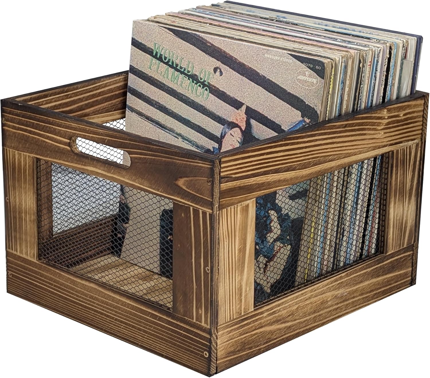 ARTAWEIN Vinyl Record Storage Crate, Wooden Record Holder for Albums - Holds up to 80-100 LPs, Rustic Vintage Style Organizer Box with Handles, Easy Assembly Display for Music Room & Office