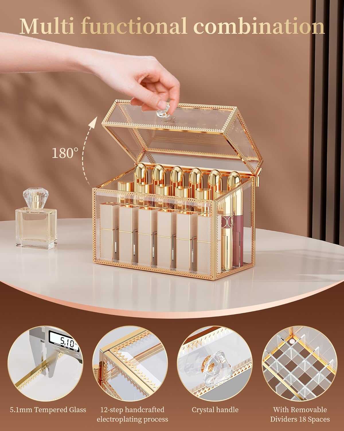 Lipstick Organizer,Luxury Tempered Glass Lipstick Holder & Nail Polish Organizer, 18-Slot Vanity Cosmetic Organizer with Removable Dividers, Gold