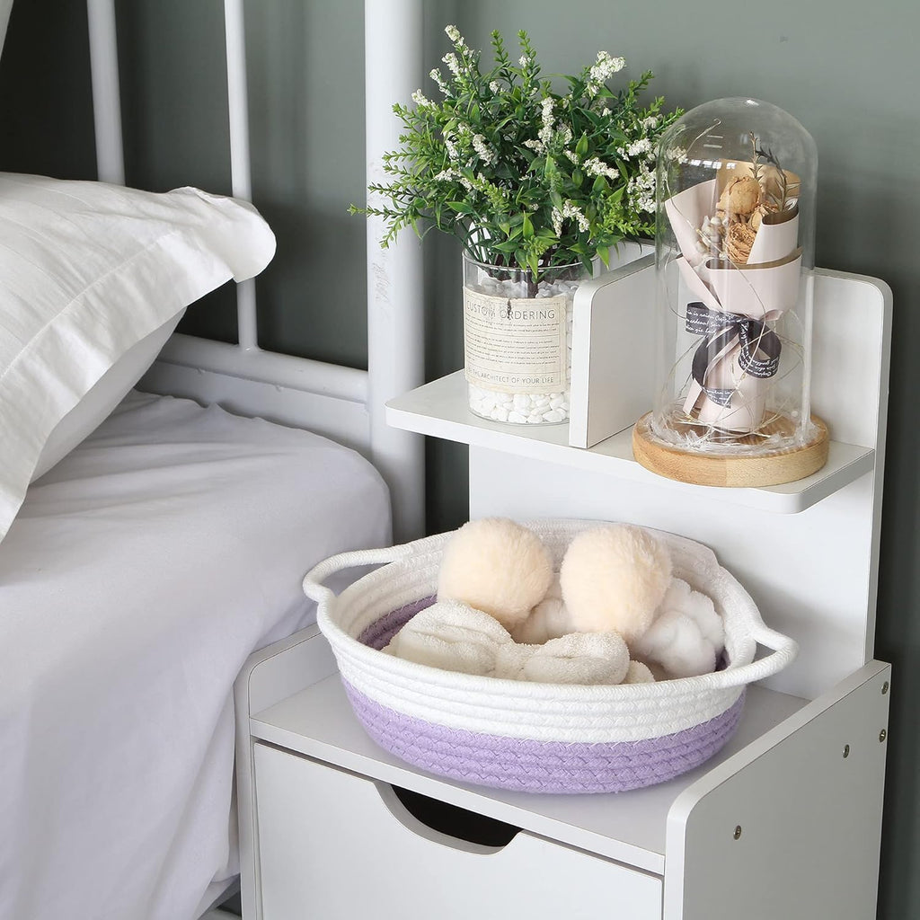 Sea Team 2-Pack Cotton Rope Baskets, 10 x 3 Inches Small Woven Storage Basket, Fabric Tray, Bowl, Round Open Dish for Fruits, Jewelry, Keys, Sewing Kits (Lavender & White)