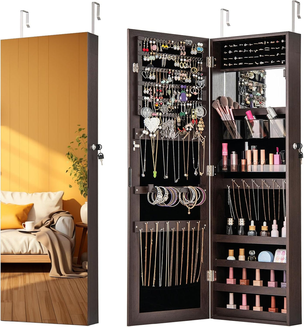 CHARMAID Jewelry Cabinet Wall or Door Mounted, Hanging Lockable Jewelry Armoire Storage With Full Length Mirror, Interior Makeup Mirror, Over the Door Organizer Box (Dark Brown)