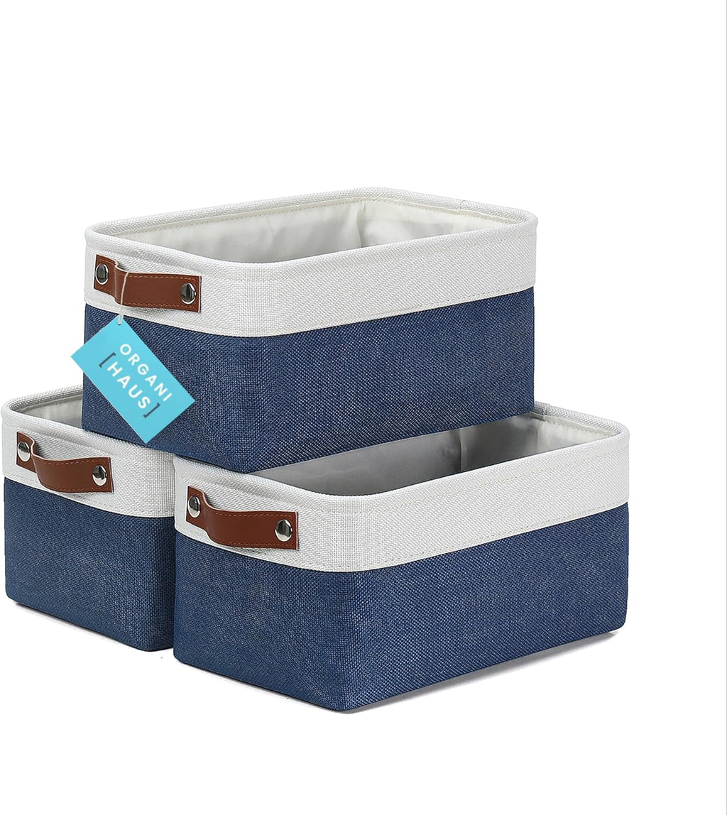 OrganiHaus Small Fabric Storage Baskets for Shelves 3 Pack, 12x08in Closet Storage Bins for Shelves, Canvas Baskets for Organizing, Linen Closet Organizers, Cloth Basket, Navy Blue/Off-White