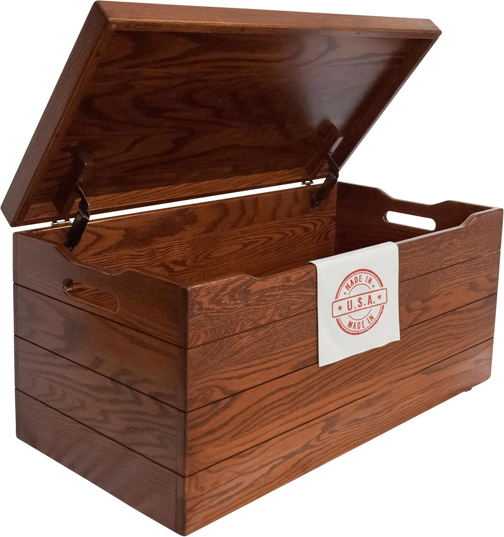 Amish Made Wooden Storage Chest Trunk Box with Lid and Handles for Bedroolanket, Clothes, Anti-Slam Hinges, Handmade, Rustic, Oak Wood, Michaels Stain, 30"