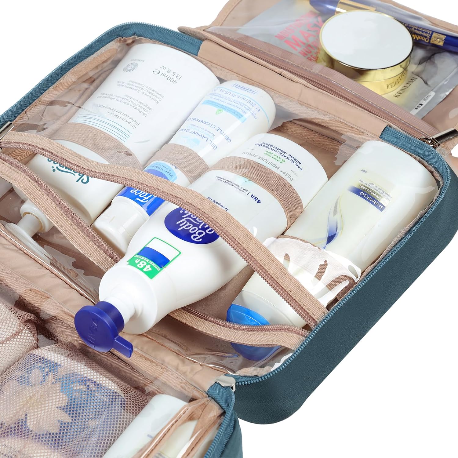 NISHEL Travel Toiletry Bag for Women, Makeup Essentials Organizer, Hanging Case for Accessories, Cosmetics, Large Size, Lake-Blue