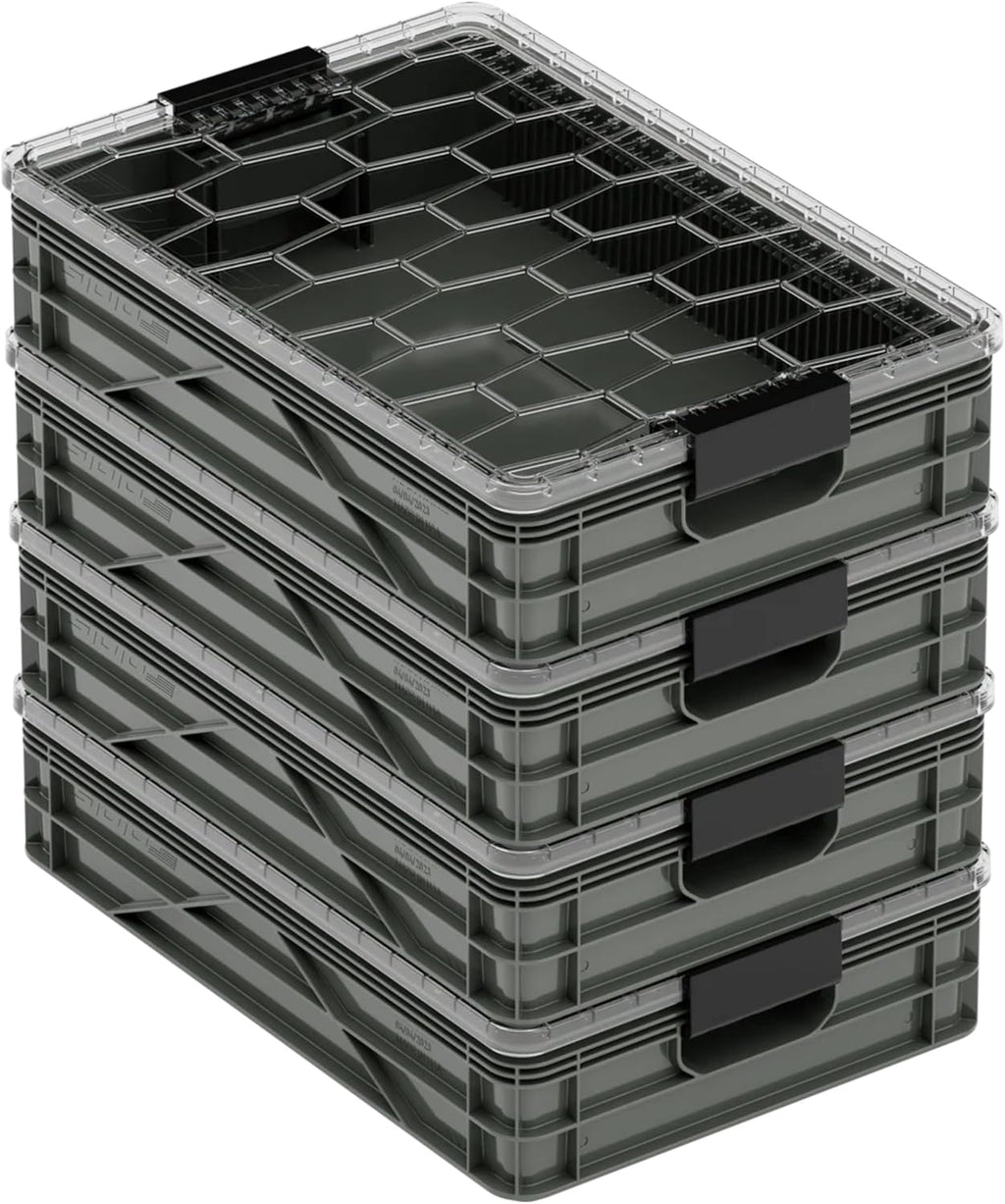 SIDIO Quarter Crate 4 Pack of Stackable Storage Bins - Organizer Bins with Dividers for Garage Organization, Home Storage - Heavy Duty Plastic Containers - 19.16” x 12.75”x 4.57” (Stealth)