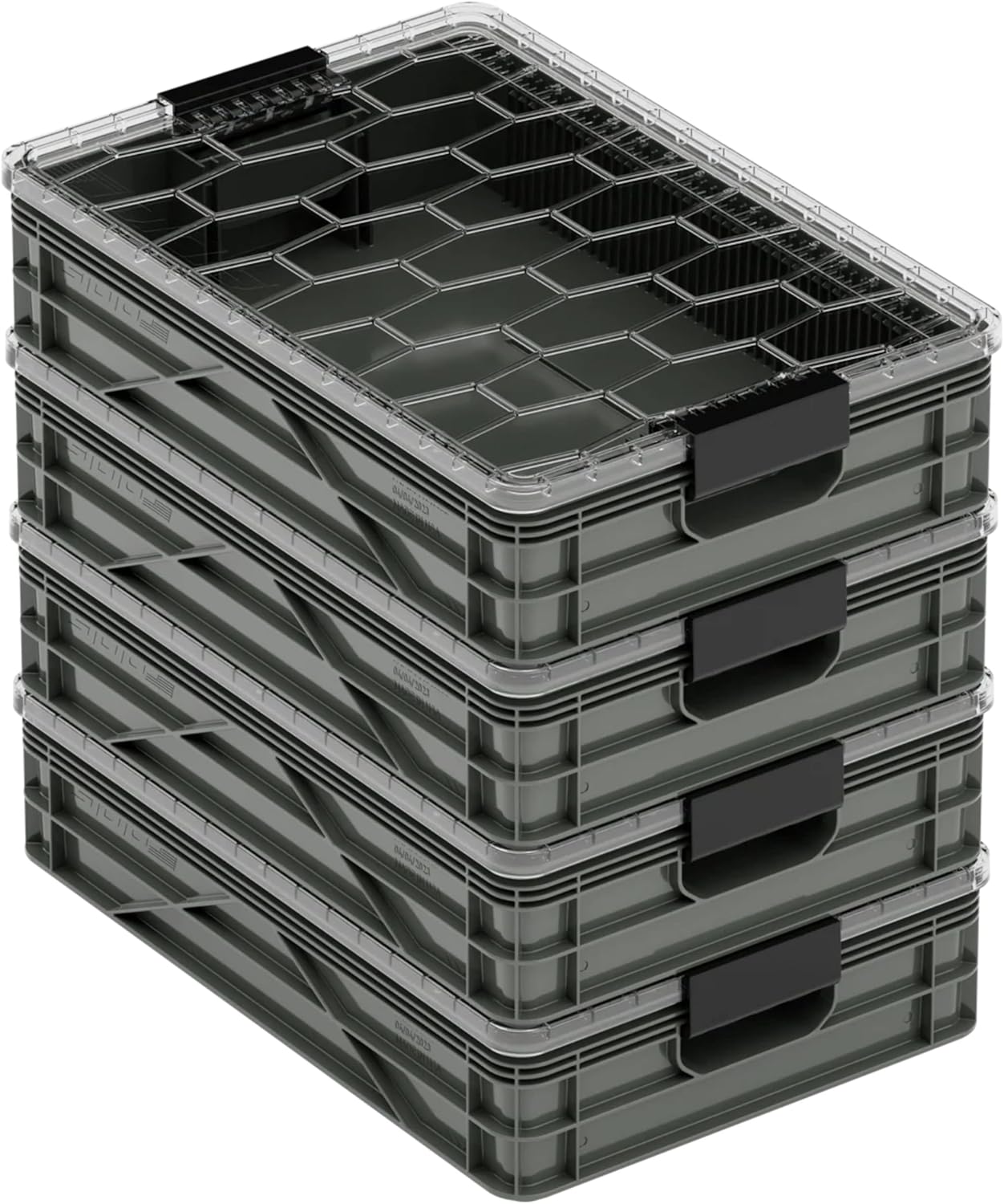 SIDIO Quarter Crate 4 Pack of Stackable Storage Bins - Organizer Bins with Dividers for Garage Organization, Home Storage - Heavy Duty Plastic Containers - 19.16” x 12.75”x 4.57” (Stealth)