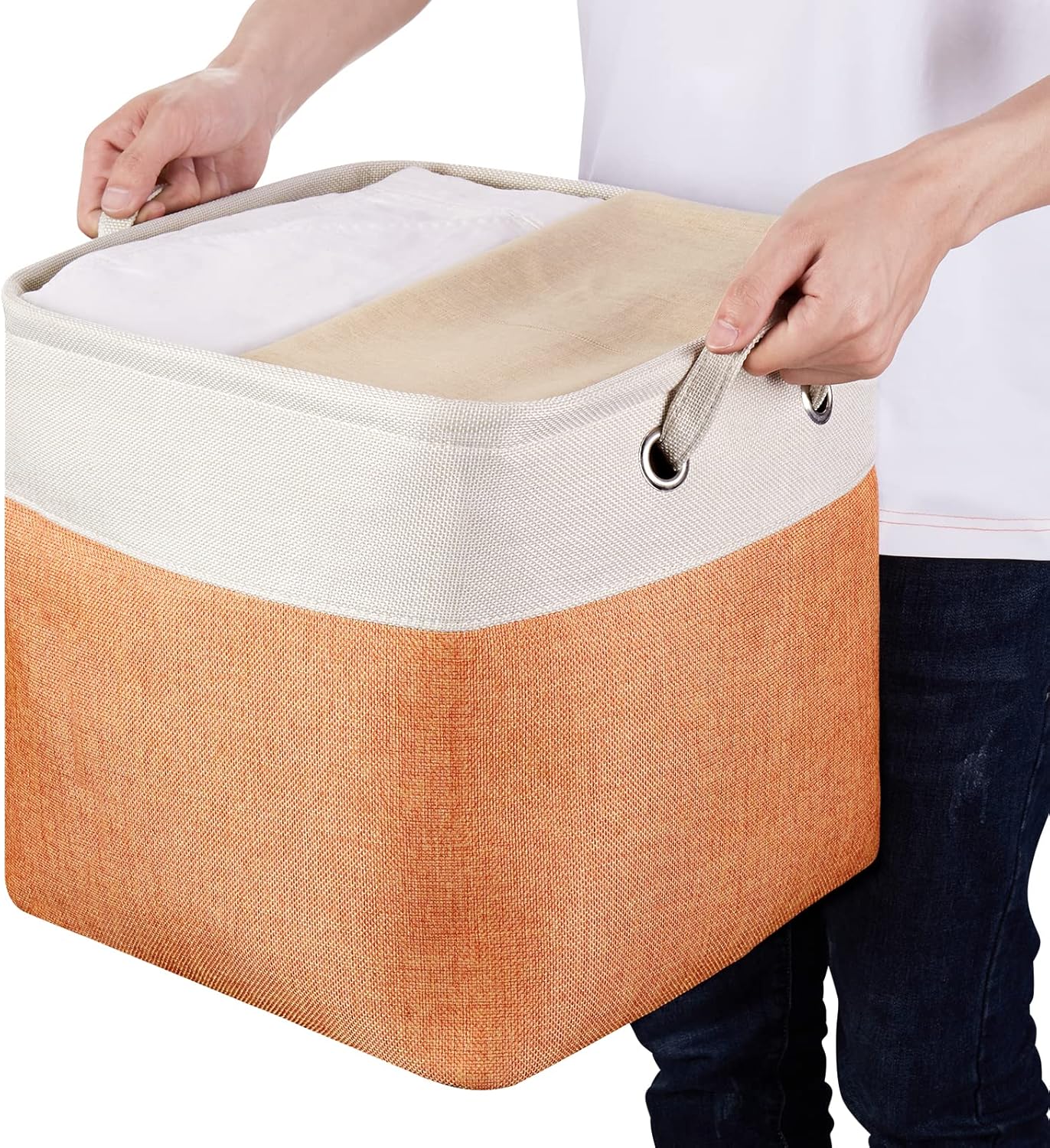 Fabric Cube Storage Boxes Foldable Storage Bins 13-Inch Orange and Beige Patchwork Storage Baskets Cube Storage Bins with Handle Cube Inserts Storage for Home and Office Supplies 3 Pcs/Pack, Sy-1