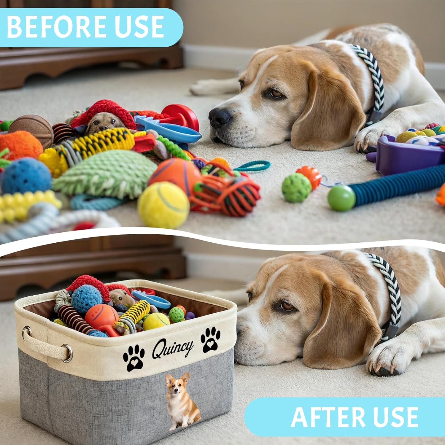 Personalized Dog Toy Storage Basket Bin with Name Photo Custom Pet Collapsible Organizer Box Container for Toys Coats Clothing Blankets