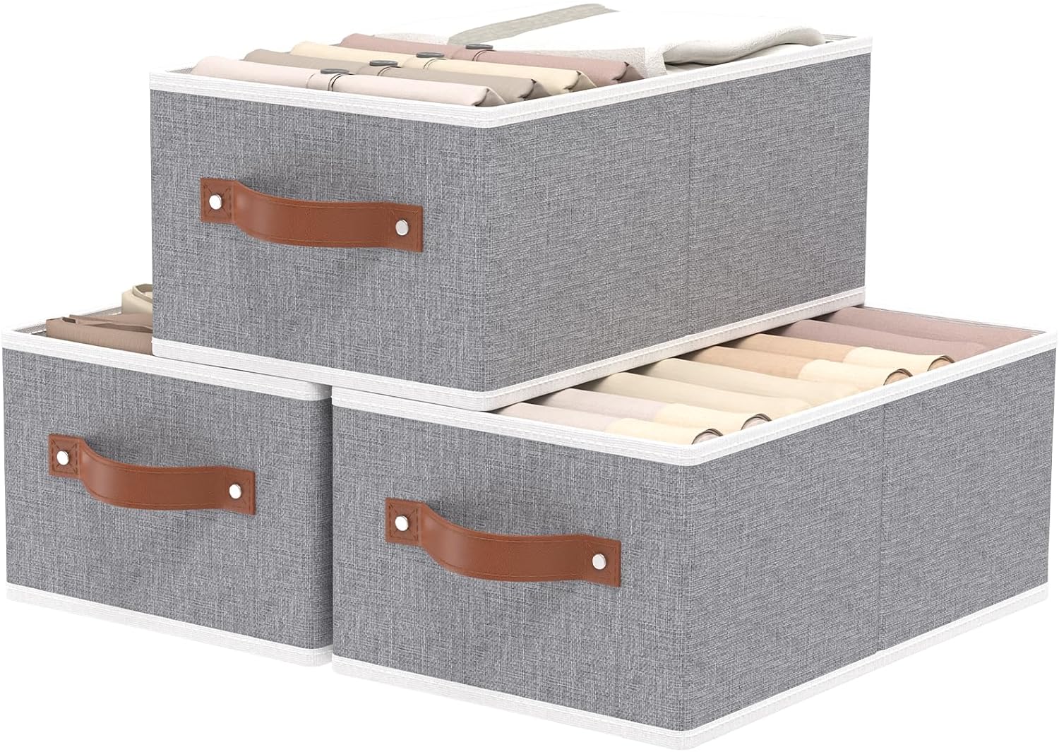 OUTBROS Cube Storage Unit Boxes, Foldable Bins for Bedrooms, Living Rooms, Shelves, Baskets With Handles, Fabric Wardrobe Organiser, Grey, 16.1 x 6.5 x 9.8 inch, 3-Pack
