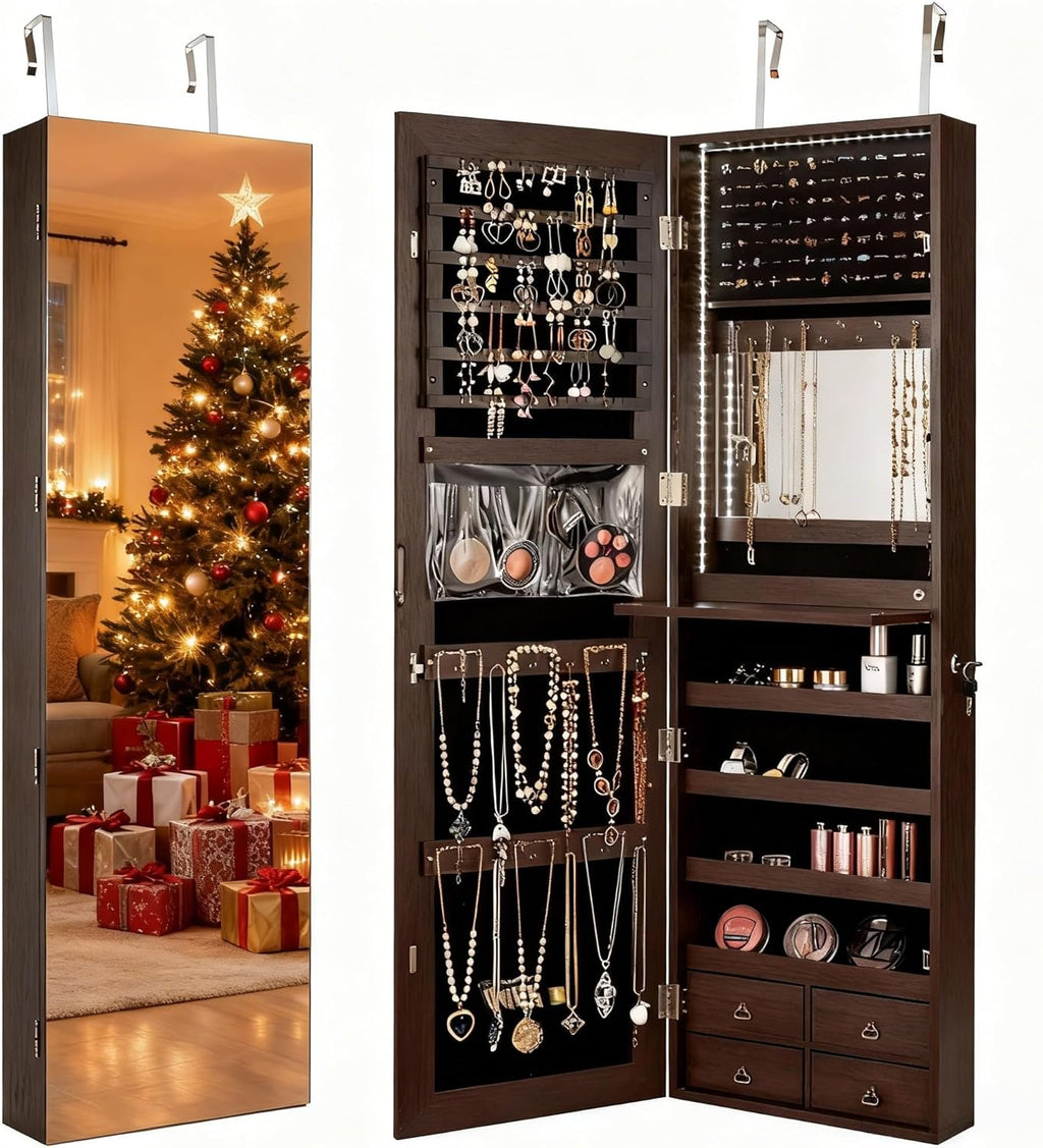 LDAILY 47” LED Jewelry Armoire, Door/Wall Mounted Mirror w/Storage, 4 Shelves, 4 Drawers, Full Length Mirror & Flip-up Makeup Tray, Lockable Jewelry Organizer Cabinet for Women & Girls, Gift (Coffee)