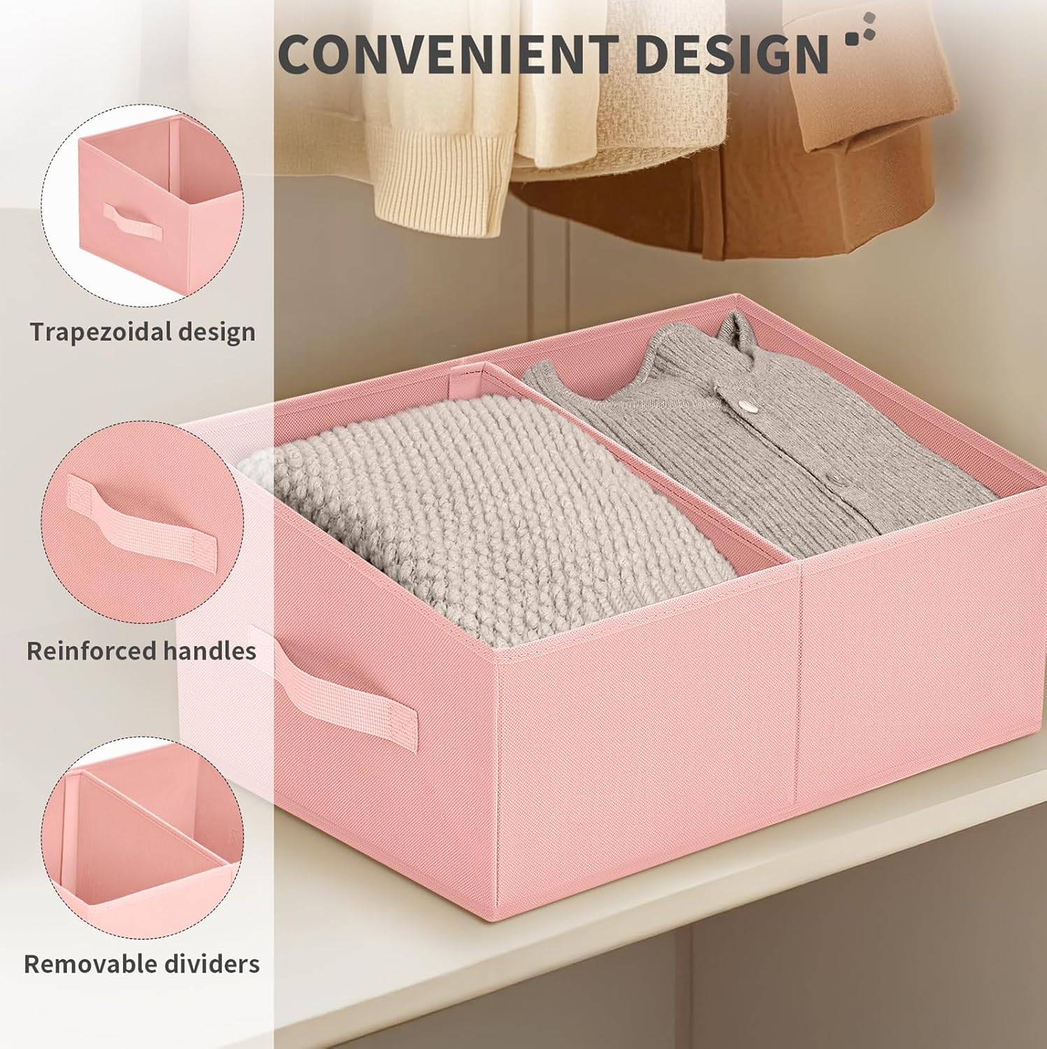 DIMJ Large Closet Shelf Organizer Bins 4 Packs with Handles and Divider, Fabric Trapezoid Storage Baskets, Foldable Clothes Containers Box for Shelf, Towel, Book, Toy, Purse, Hats, Pink