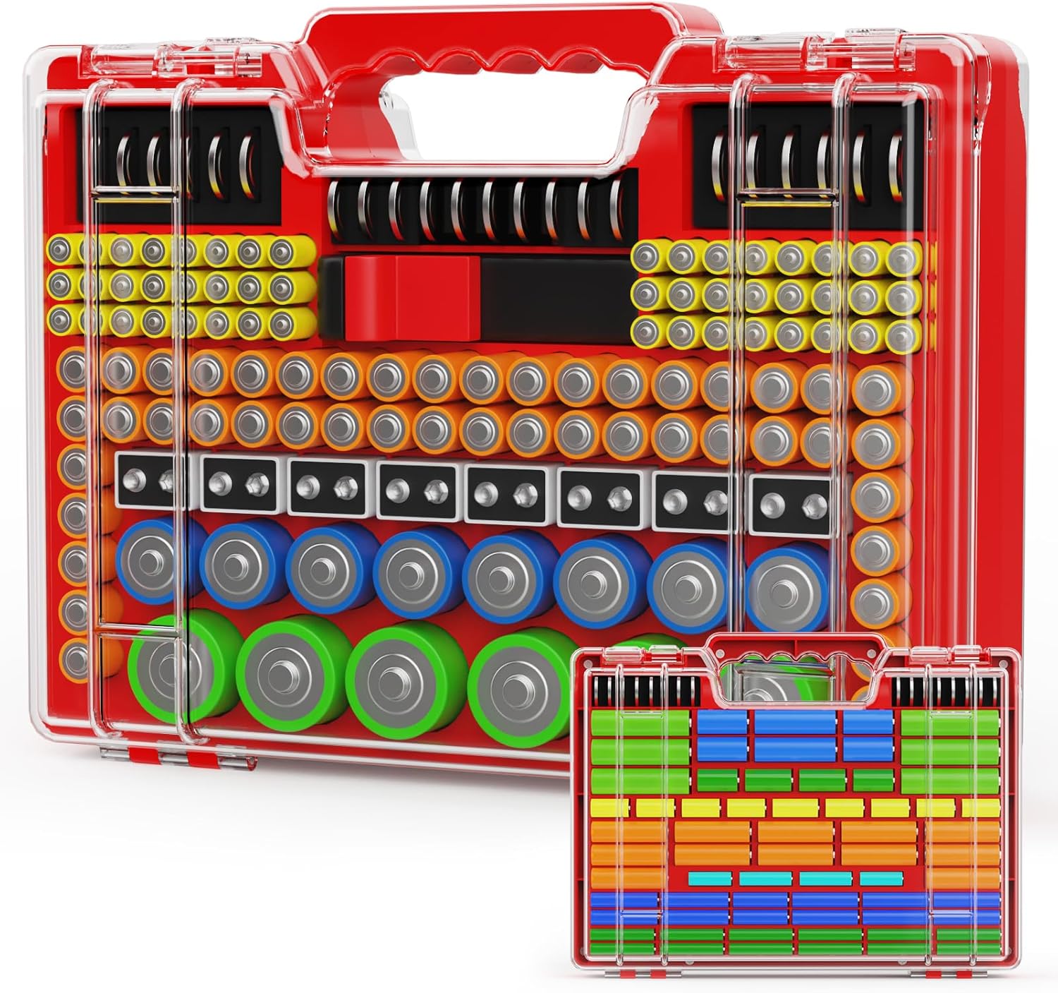 Battery Organizer Storage Holder Box Case with Tester, Stores & Protects Up to 260 Batteries, Double-Clear Locking Lid, Holds AA AAA C D and More (Red)