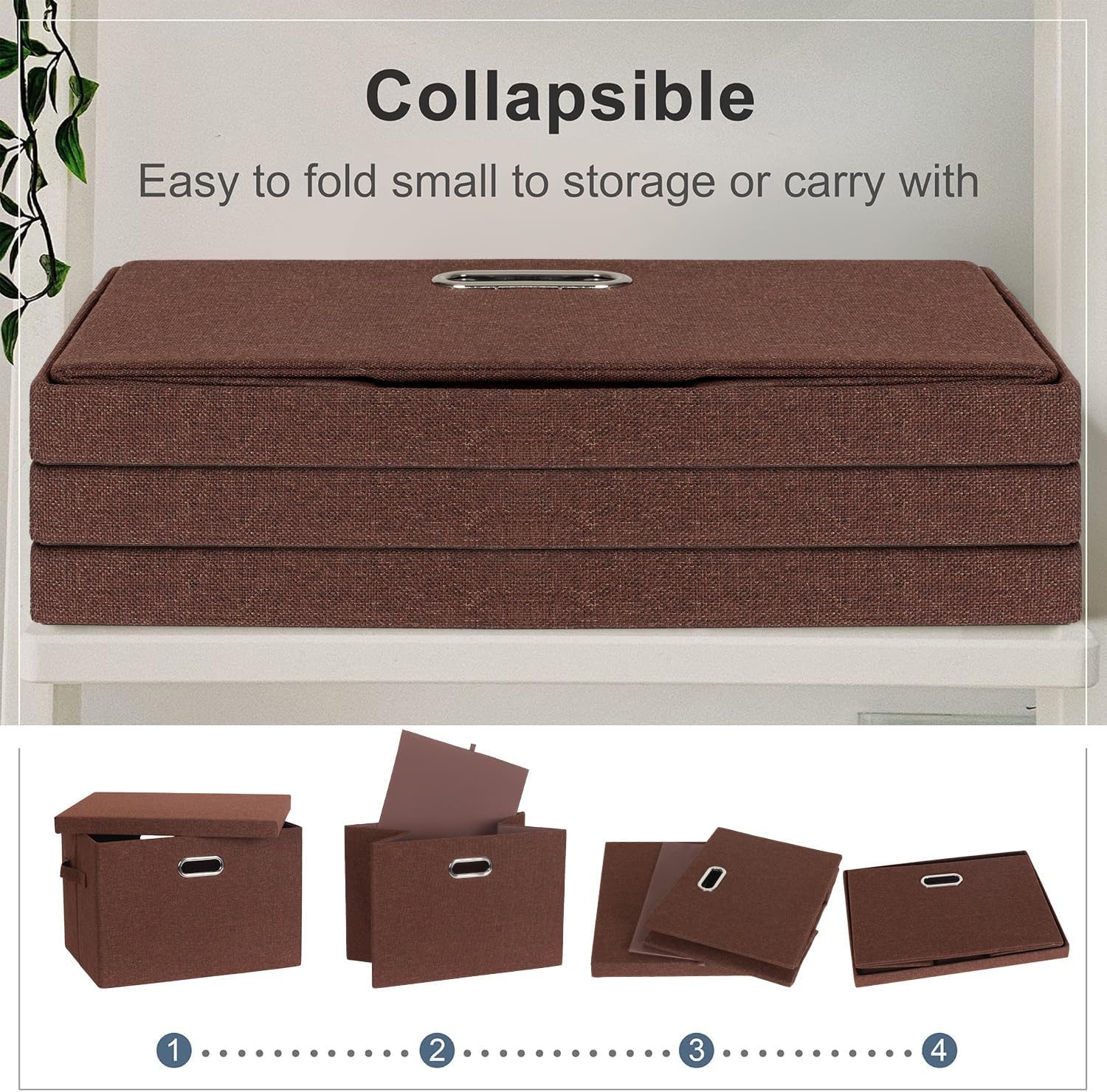 Large 17" 36 Quart Collapsible Stackable Storage Bins with Lids, 3 Packs Dark red Foldable Fabric Closet Storage Boxes with Lids, Heavy-duty Linen Cube Baskets(17x12x11)