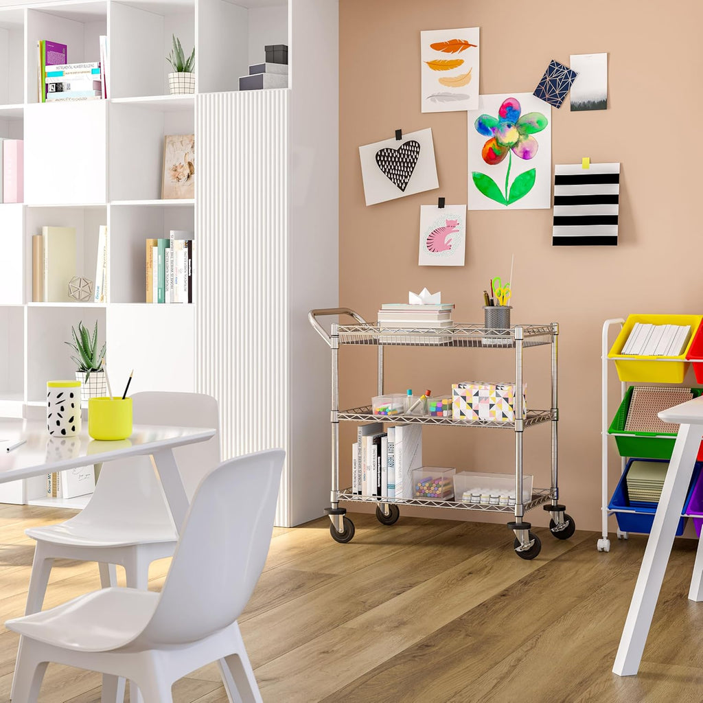 Seville Classics UltraDurable NSF Commercial Heavy Duty Metal Rolling Utility Cart, w/ Steel Shelves, Handle Bar for Restaurant, Garage, Warehouse, Kitchen, Office, Top Basket 35.5"W x 20.25"D, Chrome