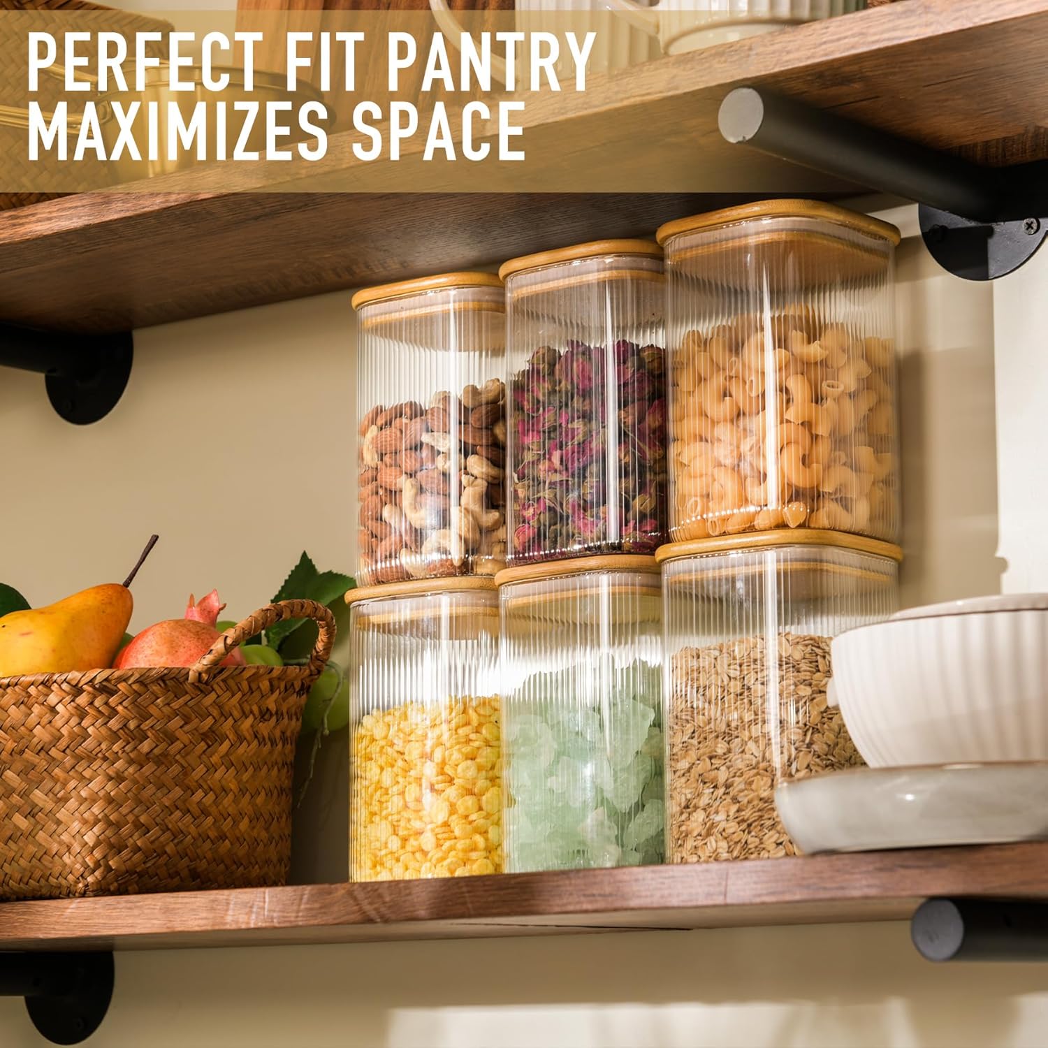 37oz Airtight Glass Square Storage Canisters with Bamboo Lids Set of 6 (1100ml) Striped Stackable Containers, Kitchen Jars for Pantry Noodles, Flour and Coffee beans (‎with Black Lable)