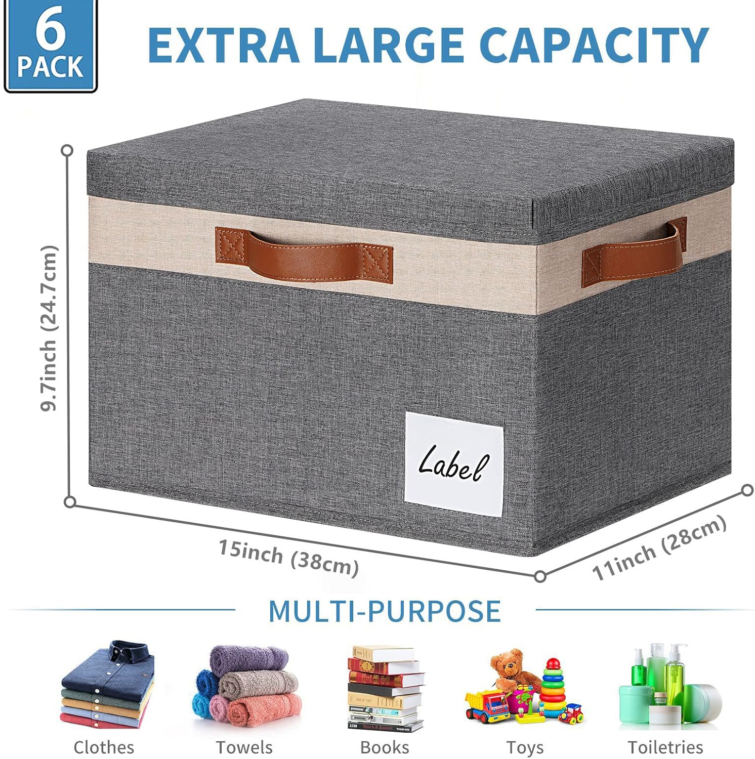 GhvyenntteS Large Storage Bins with Lids 6 Pack, Large Closet Storage Bin with Lid and 3 PU Handles, Foldable Fabric Storage Boxes with Label Window for Home Office (Beige, 15" x 11" x 9.7")