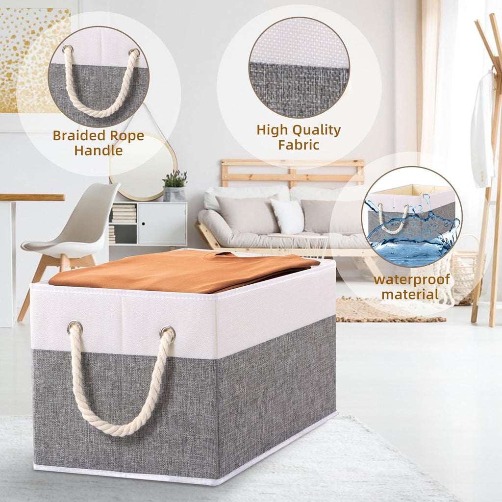 Yawinhe Foldable Storage Baskets for Shelves, Fabric Storage Cubes with Rope Handle, Closet Organizers for Clothes, 3-Pack, 14.96''Lx9.84''Wx8.26''H, White/Grey