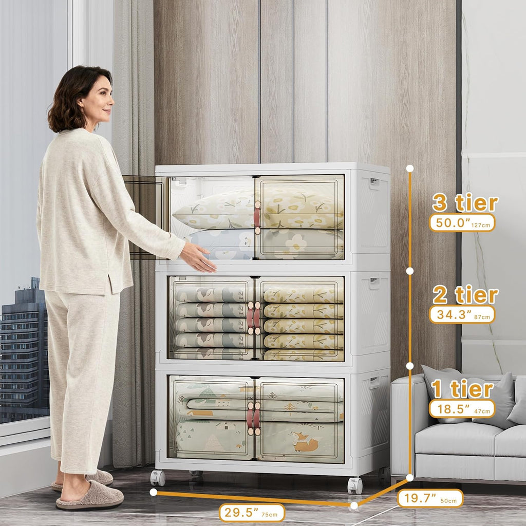 Extra Large Stackable Storage Bins with Lids & Wheels & Door, 480QT-160QT/40GAL*3Pack Foldable Collapsible Closet Organizers, Plastic containers drawers for bedroom Dorm