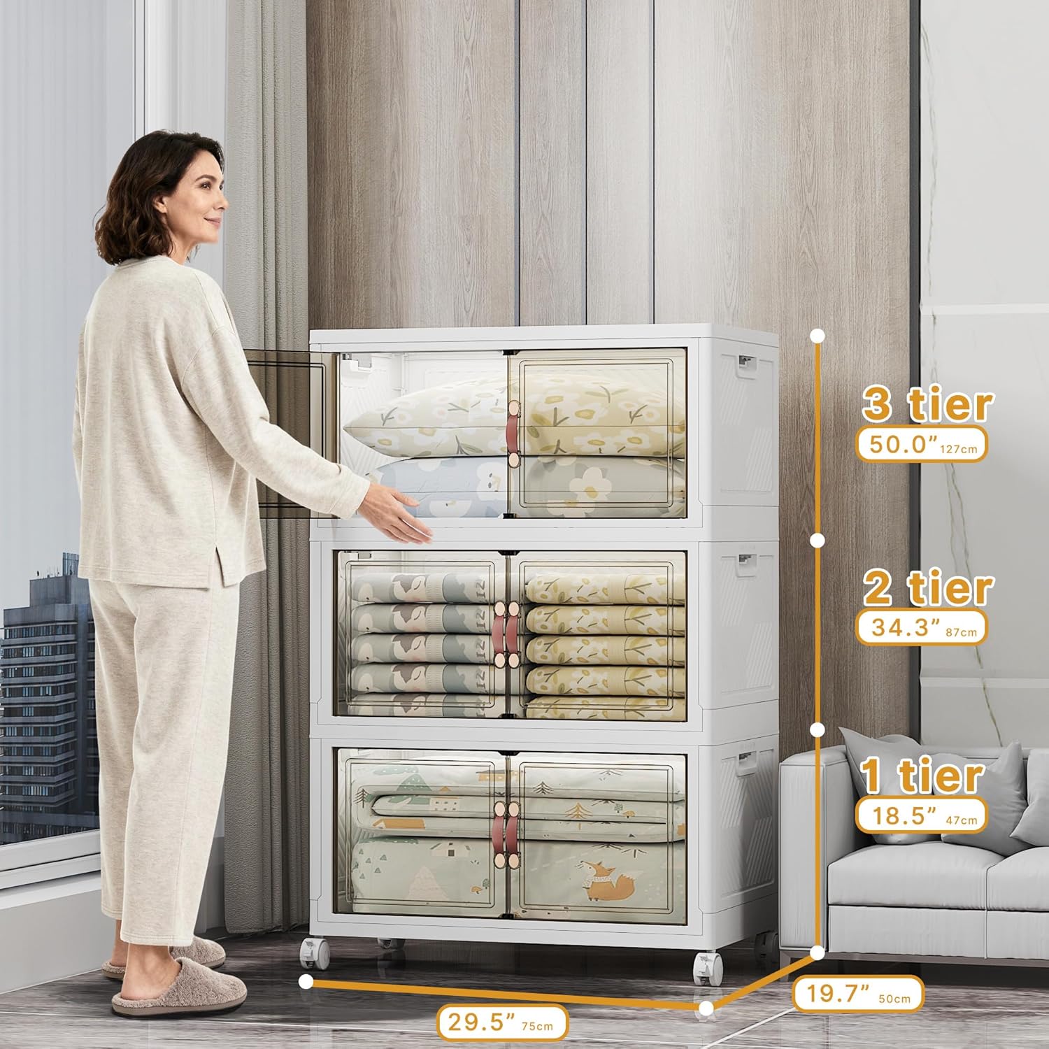 Extra Large Stackable Storage Bins with Lids & Wheels & Door, 480QT-160QT/40GAL*3Pack Foldable Collapsible Closet Organizers, Plastic containers drawers for bedroom Dorm