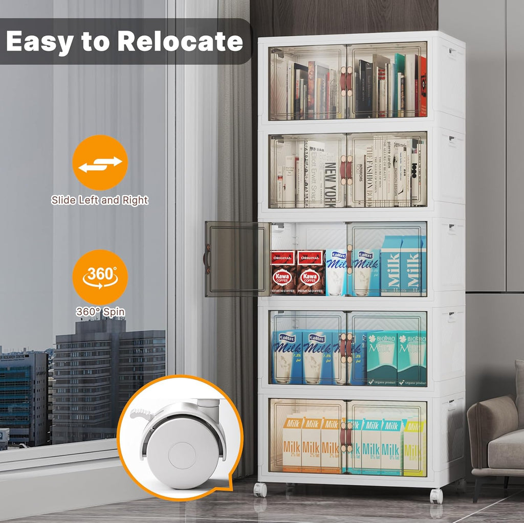 Extra Large Stackable Storage Bins with Lids & Wheels & Door, 260QT-52QT/13GAL*5Pack Foldable Collapsible Closet Organizers, Plastic containers drawers for bedroom Dorm