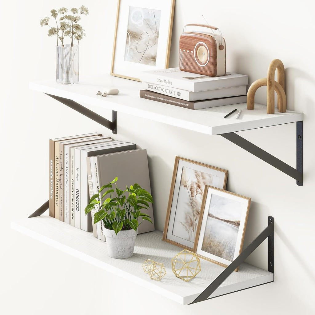 10 Inch Deep Floating Shelves, White Floating Shelves 30 Inch Long, Rustic Wood Wall Shelves 30"W x 10"D, Deep Floating Shelf with Bracket, Wide Storage Shelves for Books, Living Room, Bathroom