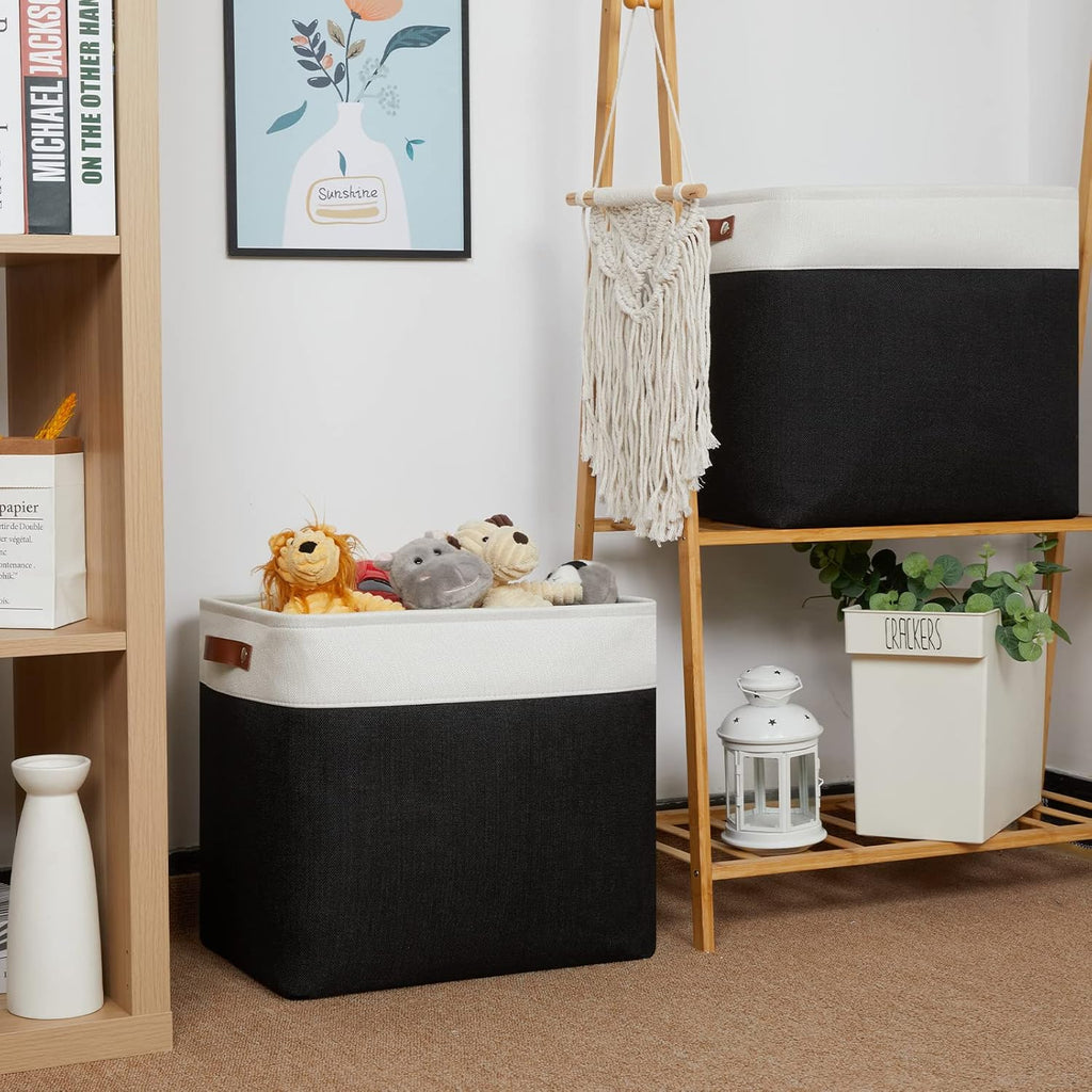 HNZIGE Baskets Shelf Baskets for Clothes 2 Pack Large Storage Bins Fabric Baskets for Organizing, Collapsible Rectangular Canvas Linen Storage Basket with Handles for Storage Closet (White&Black)