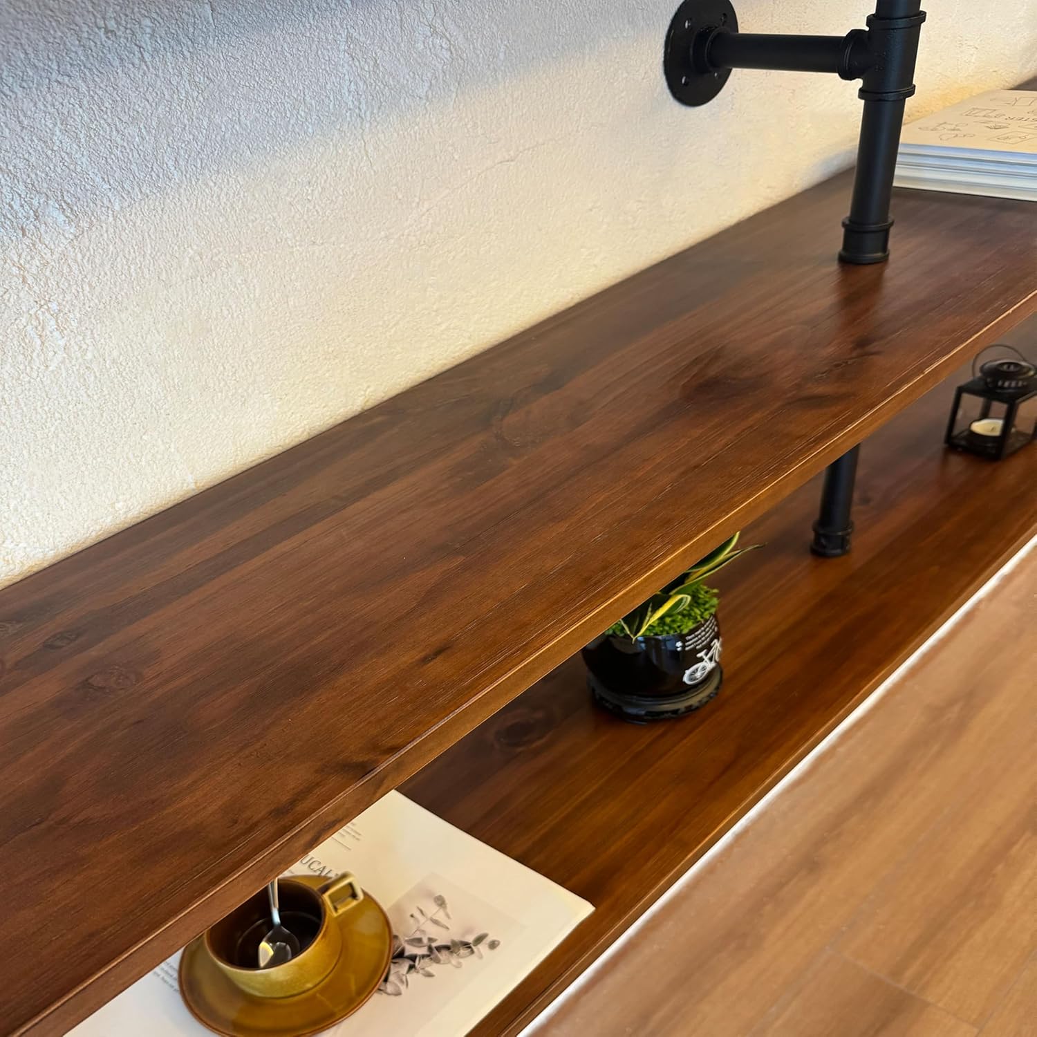 Industrial Pipe Wall Shelves Pipe Shelving with Real Wood Plank ,70 Inches Floating Shelves for Wall Farmhouse Pipe Book Shelves Dark Brown 2 Tier for Kitchen,Living Room Decor and Bar Shelving