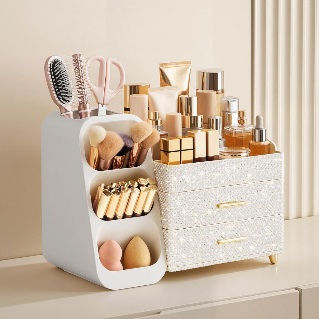 HBlife Makeup Organizer with Brush Holder for Vanity, Large Plastic Bathroom Countertop Organizer Skin Care Storage, Easy to Store Nail Polishes, Perfumes, Eyeshadow Palettes, Pearl All White