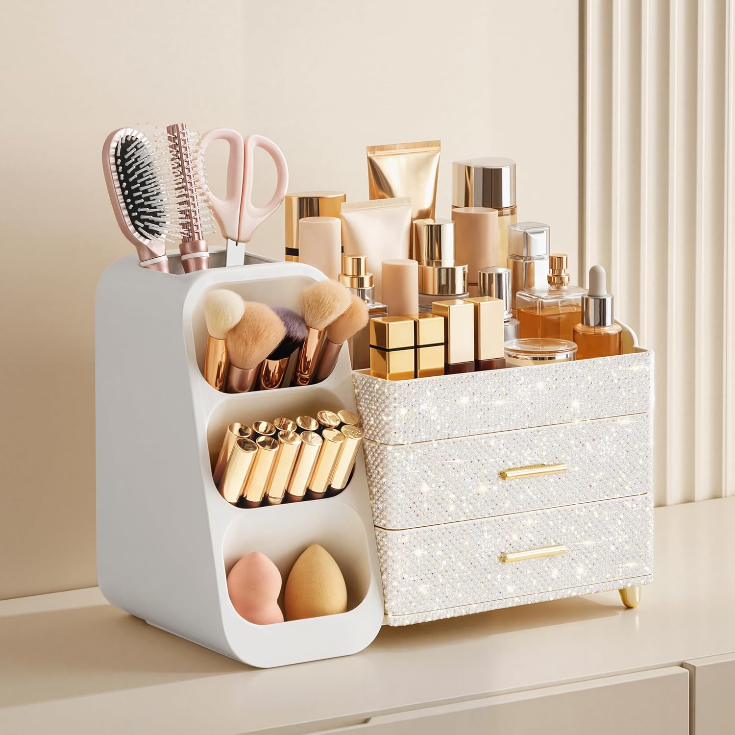 HBlife Makeup Organizer with Brush Holder for Vanity, Large Plastic Bathroom Countertop Organizer Skin Care Storage, Easy to Store Nail Polishes, Perfumes, Eyeshadow Palettes, Pearl All White