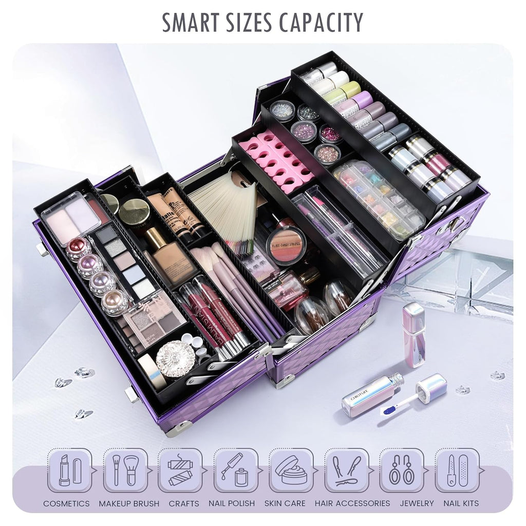 FRENESSA Makeup Train Case Makeup Case 12.6 Inch Large Cosmetic Box Organizer Travel Storage Professional Make Up Train Carrying Case with 6 Trays Locking Shoulder Strap Hard Vanity Storage Purple