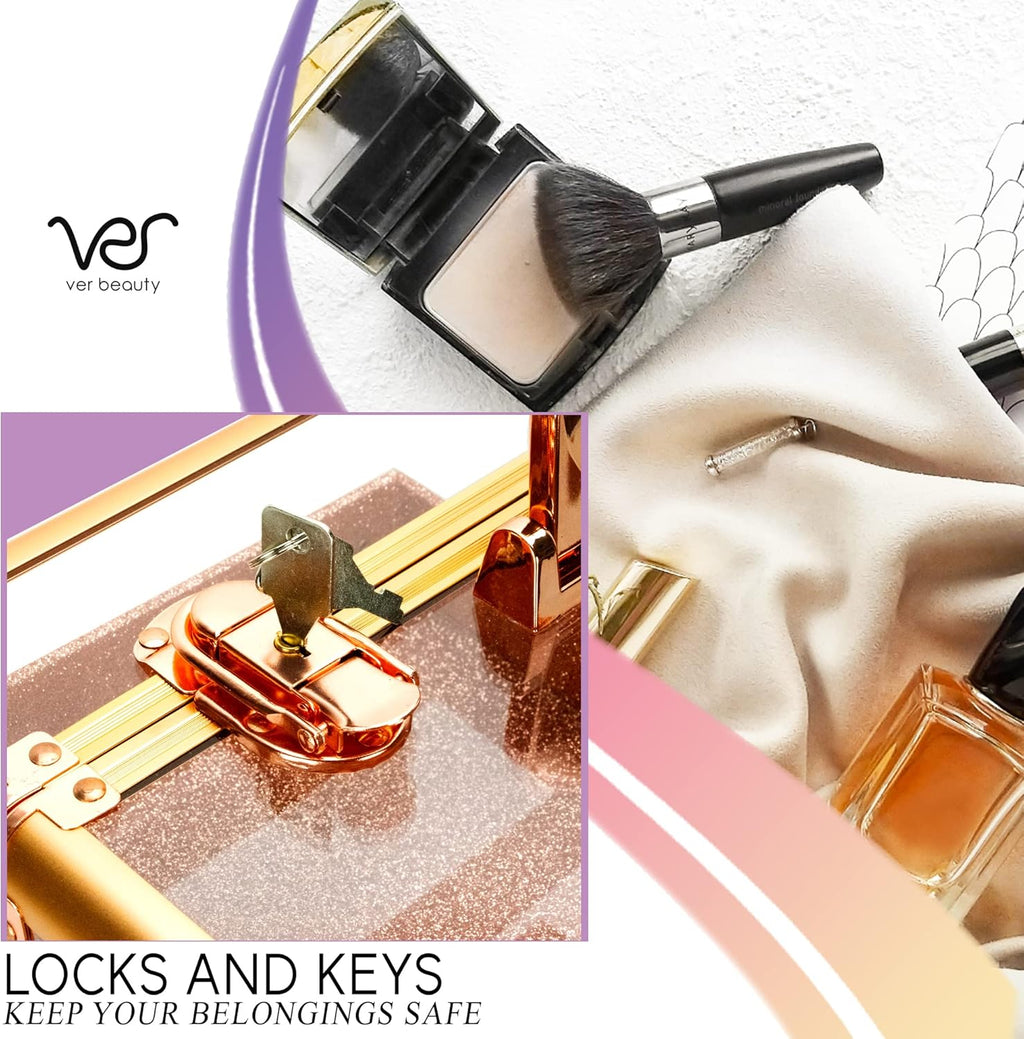 Ver Beauty Makeup Train Case 14 inch Armored Acrylic Large Portable Cosmetic Case 6 Trays Professional Storage Organizer Box Make Up Artist Jewelry Nail Kits Crafts Display Brush Holder- Rose Gold