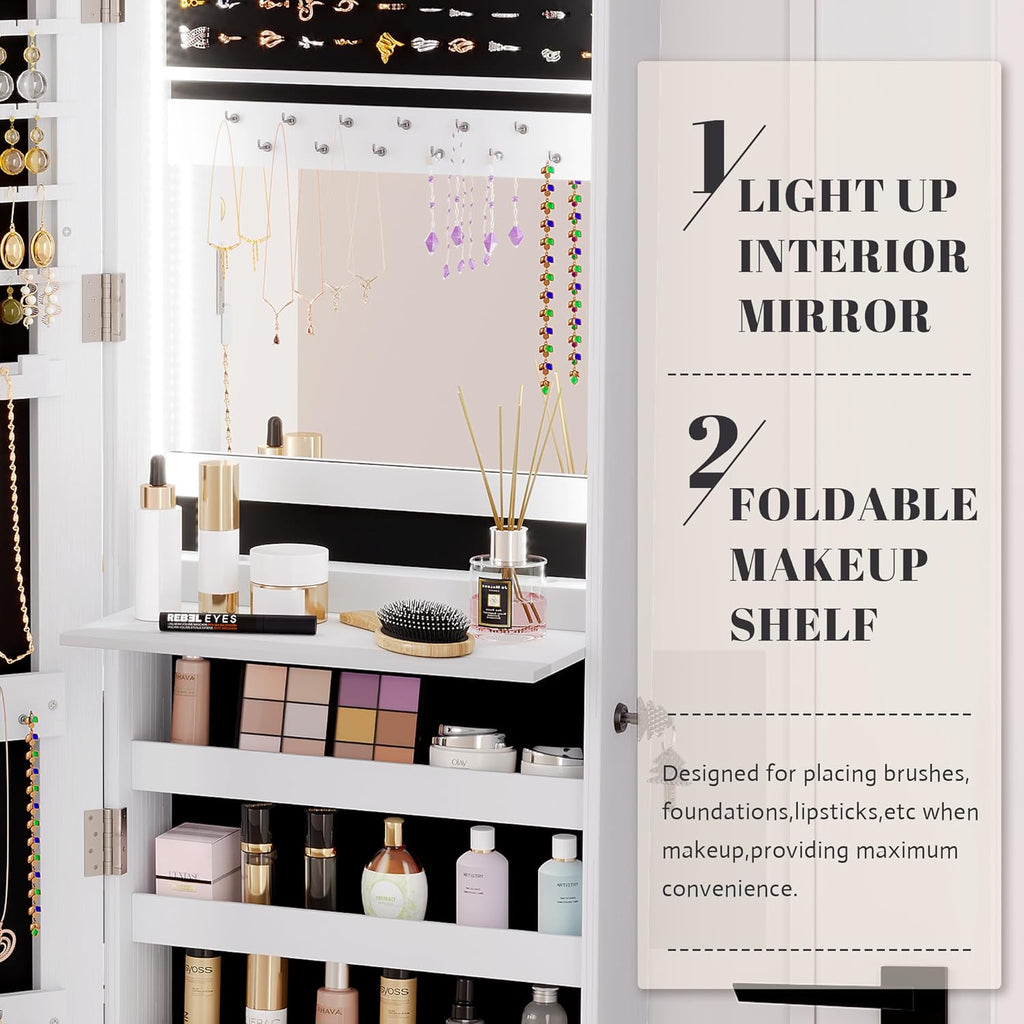Vlsrka 47.2" LED Jewelry Mirror Cabinet, Wall/Door Mounted Jewelry Armoire Organizer with Full Length Mirror, Large Storage Hanging Cabinet, 4 Drawers, 5 Shelves, Built-in Lighted Mirror (White)