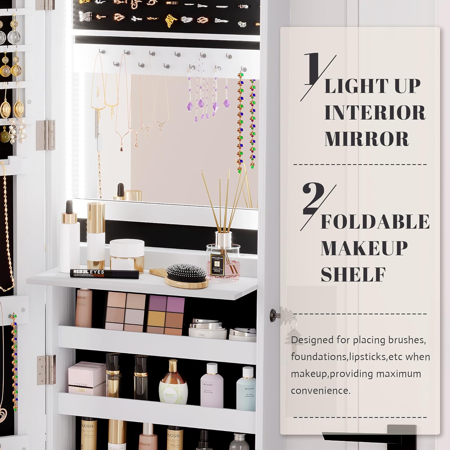 Vlsrka 47.2" LED Jewelry Mirror Cabinet, Wall/Door Mounted Jewelry Armoire Organizer with Full Length Mirror, Large Storage Hanging Cabinet, 4 Drawers, 5 Shelves, Built-in Lighted Mirror (White)