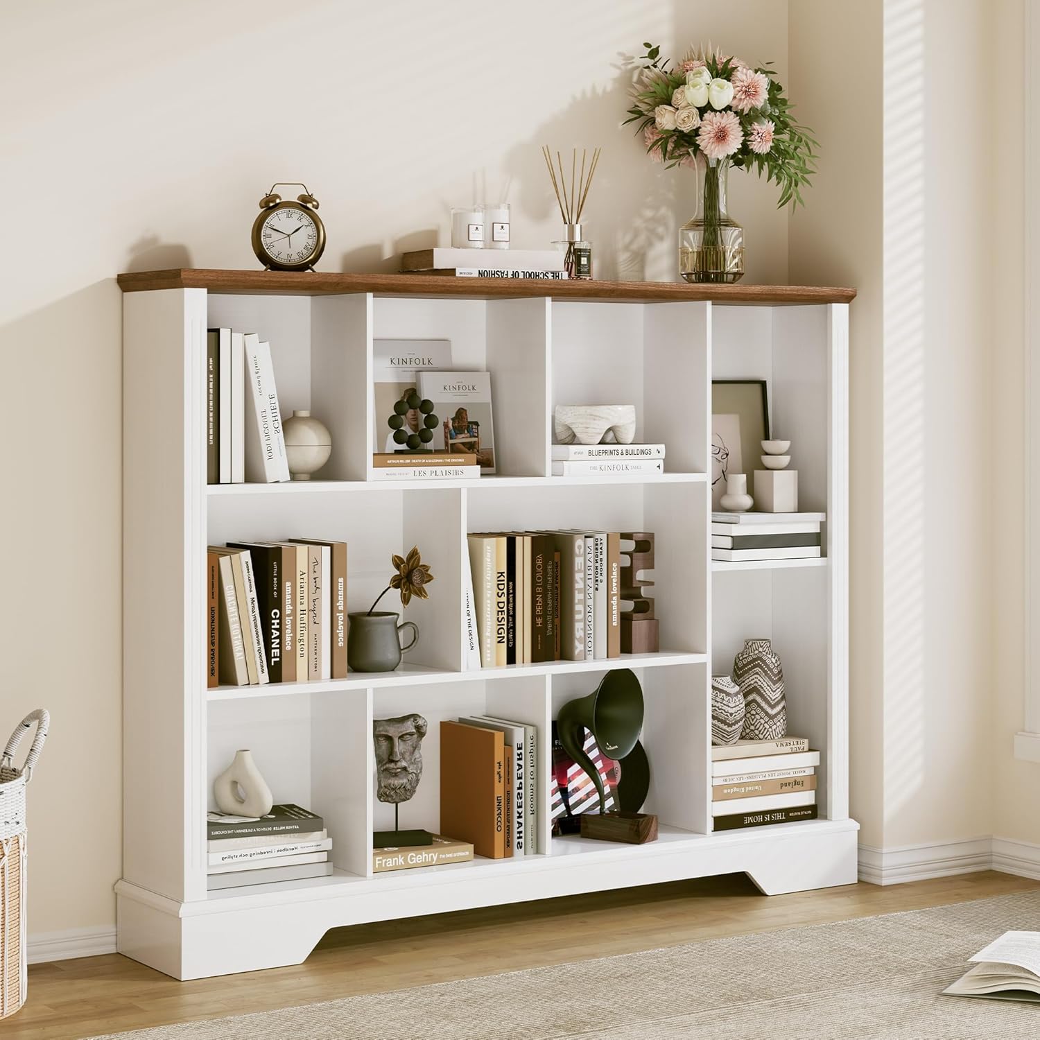 10 Cube Storage Bookcase, Modern 3-Tier Wooden Storage Organizer Open Bookshelf with Base for Living Room, Bedroom, Home Office