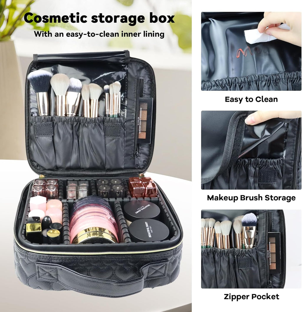 Travel Makeup Bag Makeup Cosmetic Train Case Organizer Portable Storage Bag with Adjustable Dividers for Cosmetics Makeup Brushes Toiletry Jewelry Heart Pattern
