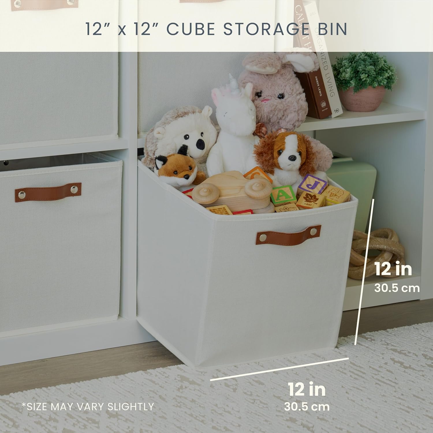 OrganiHaus White 12" x 12" x 12" Fabric Cube Storage Bins - Set of 4, Cube Fabric Organizer Bins with Vegan Handles, Kallax Storage Cubes, Cubbies Organizer Boxes, 12Inch Cubic Baskets for Shelves