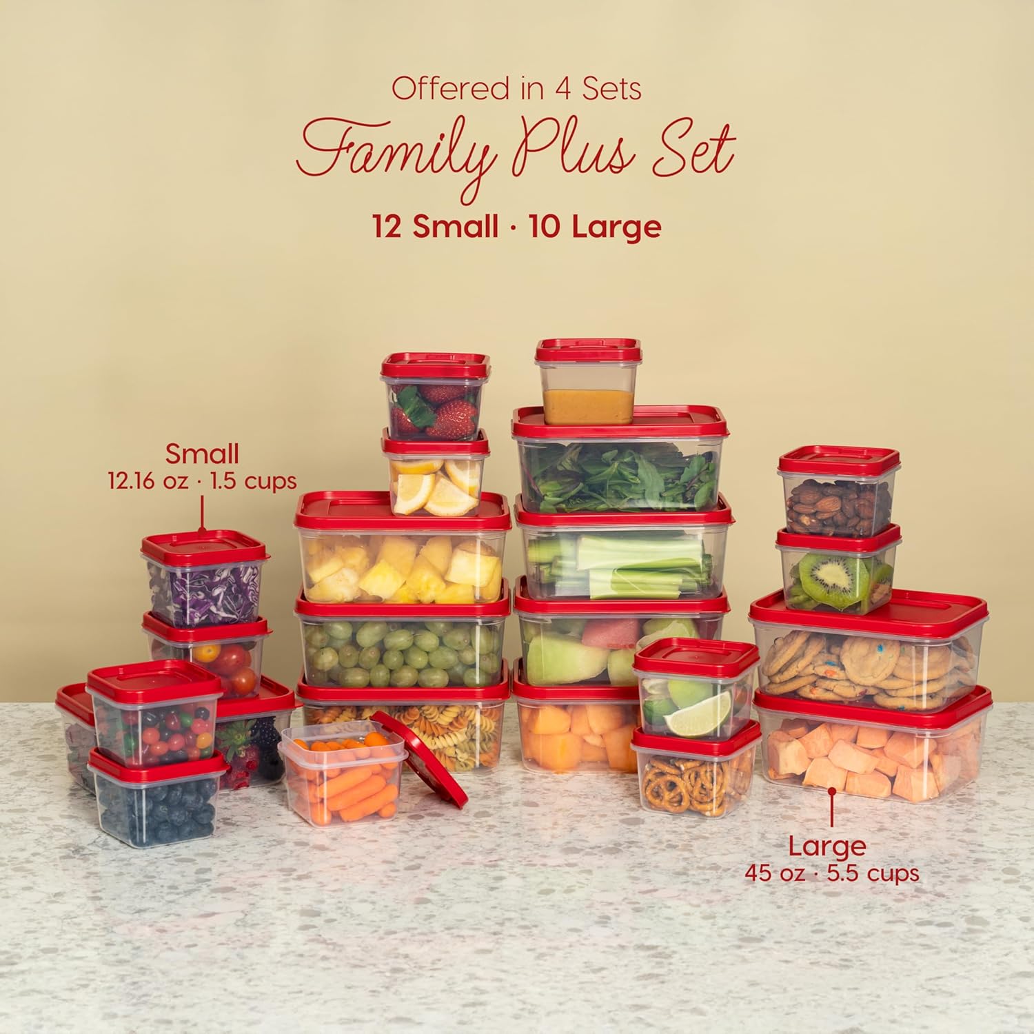 IRIS USA Meal Prep Containers, 44 PC, 12oz + 45oz Combo Set, 22 Food Storage Containers With Lids, To Go Lunch Plastic Food Storage Food Prep, Microwave Dishwasher Freezer Safe, BPA Free, Clear/Red