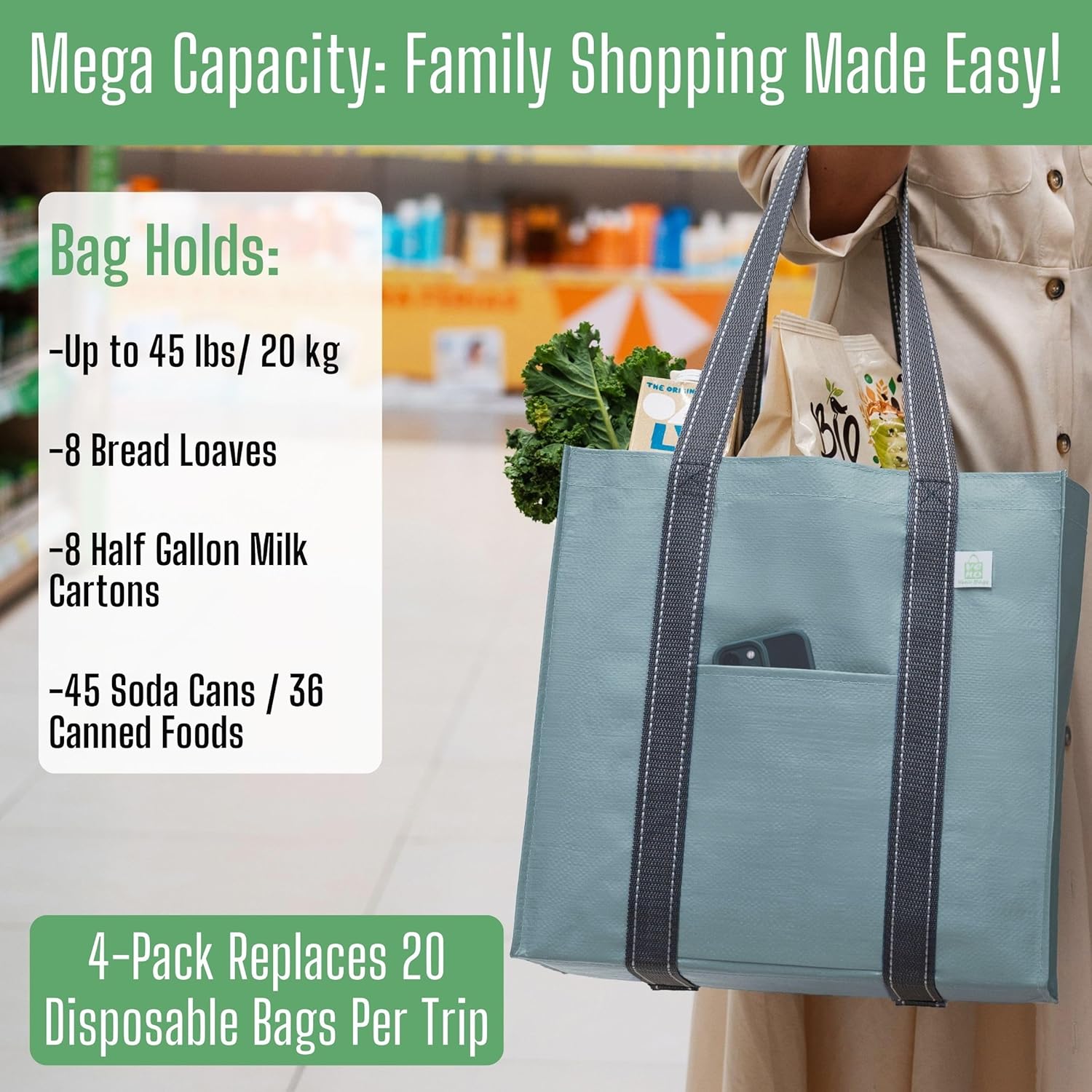 VENO 4 Pack Reusable Grocery Bags, Heavy-Duty Shopping Bags with Handles, Bags for Shopping Cart with Hard Bottom to Stand Upright, Foldable, Multi-Purpose(Light Blue, 4 Pack)