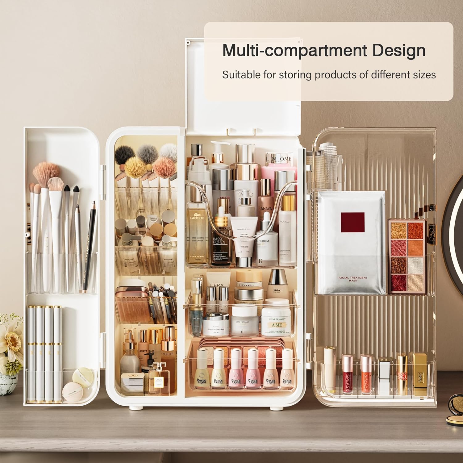 UAK Makeup Organizer with Drawers for Vanity, Cosmetic Display Case with Brush Holders, Storage for Skincare Countertop Bathroom (White)