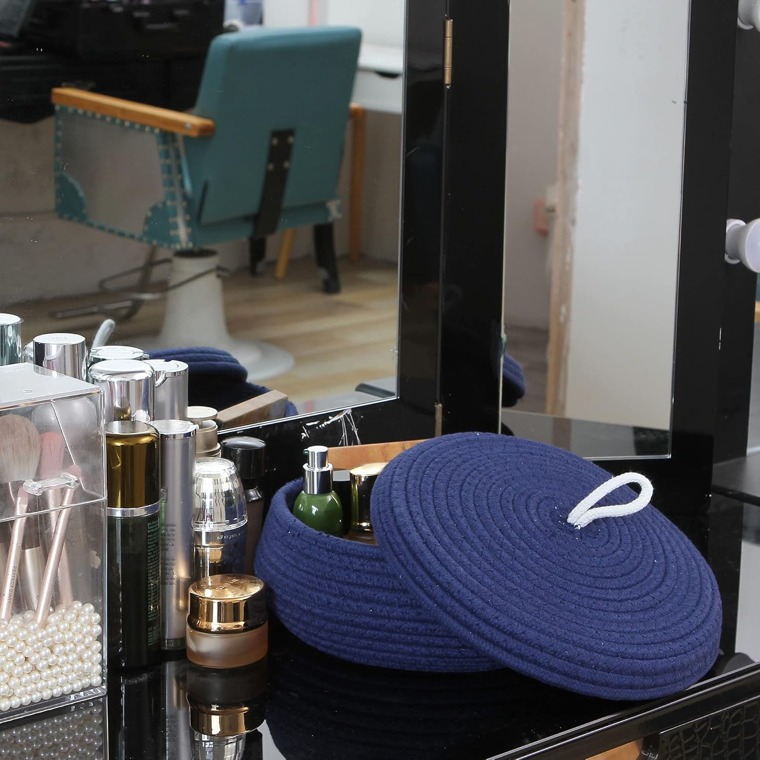 Sea Team Round Cotton Rope Storage Basket with Lid, Decorative Woven Storage Bin, Pot, Caddy, Organizer, Container for Snacks, Towels, Plants, 10 x 4.5 Inches (Small, Shallow, Dark Blue)