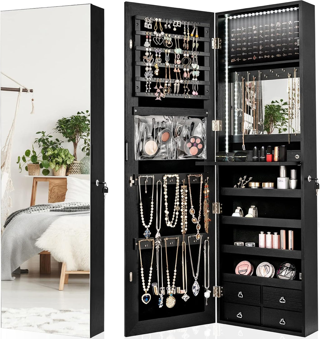 CHARMAID LED Strip Jewelry Armoire with 47.2" H Full Length Mirror, Wall/Door Mounted Jewelry Organizer with Built-in Mirror, Flip-over Cosmetic Tray, 4 Drawers, Large Storage Jewelry Cabinet (Black)