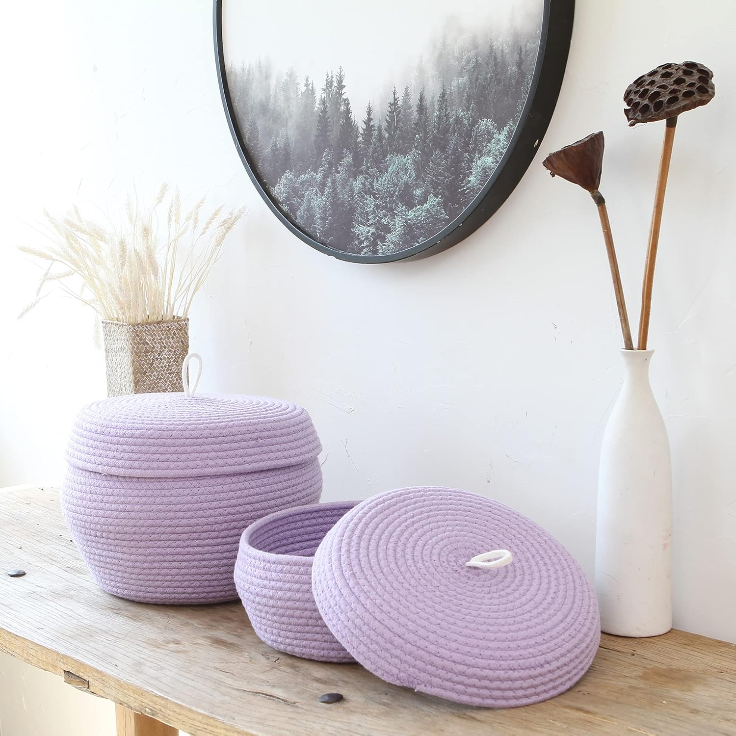 Sea Team Round Cotton Rope Storage Basket with Lid, Decorative Woven Storage Bin, Pot, Caddy, Organizer, Container for Snacks, Towels, Plants, 13 x 5.5 Inches (Large, Shallow, Lavender)