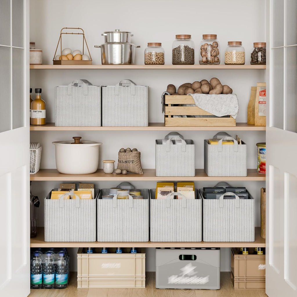 StorageWorks Storage Bins, Fabric Storage Bins for Shelves, Extra Large Storage Baskets with Metal Frame, Closet Baskets and Bins with Handles, Jumbo, Gray and White Stripes, 2-Pack