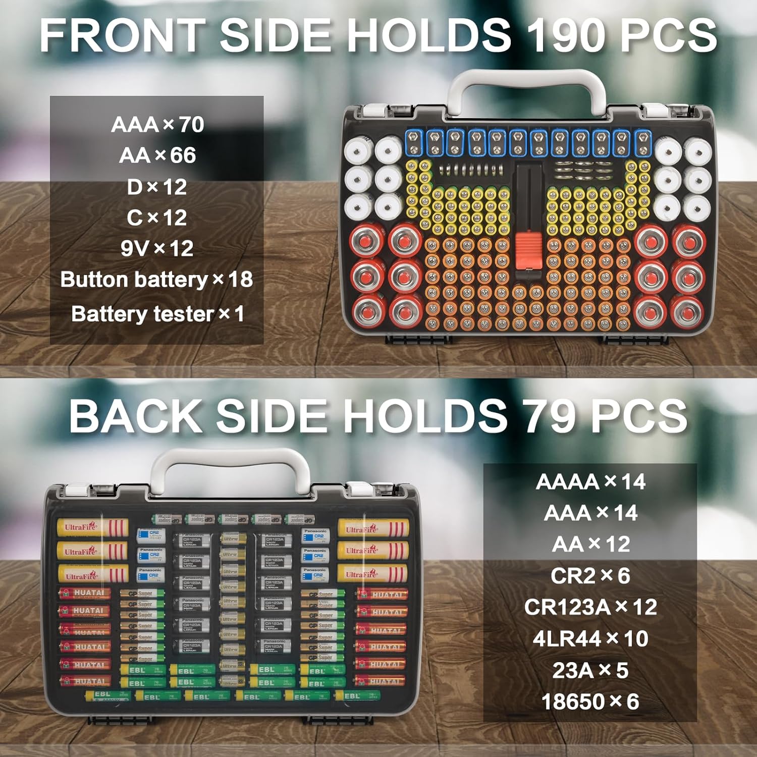 Battery Organizer Storage Holder Case with Double-Sided, Garage Box with Tester Checker. Batteries Container for 269pcs AA AAA AAAA 3A 4A 9V C D Lithium 4LR44 CR2 CR123A CR1632 CR2032 18650 - Black