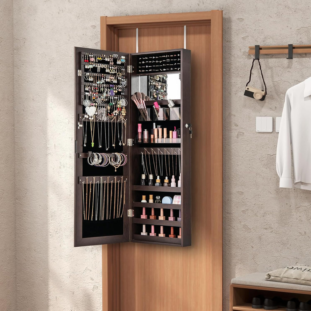 CHARMAID Jewelry Cabinet Wall or Door Mounted, Hanging Lockable Jewelry Armoire Storage With Full Length Mirror, Interior Makeup Mirror, Over the Door Organizer Box (Dark Brown)