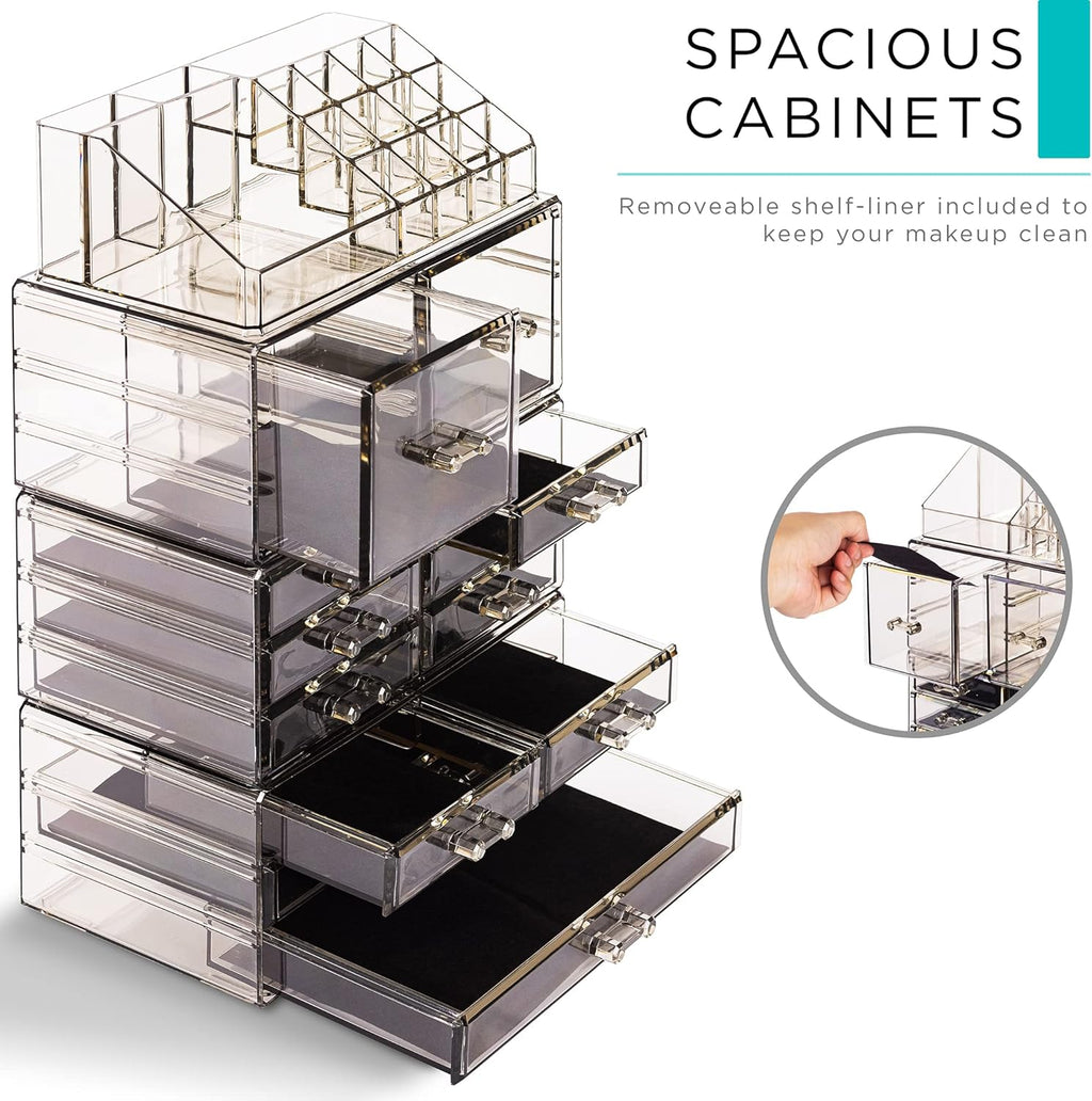 Sorbus Large Makeup Organizer - Clear Stackable Jewelry & Makeup Organizer For Vanity, Bathroom Storage, Dresser - 12 Drawers Cosmetic Beauty Organizers and Storage with Lipstick, Makeup Brush Holder