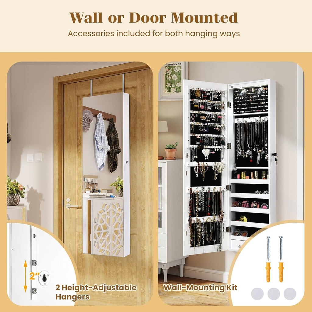 Giantex Wall Door Mounted Jewelry Armoire Cabinet with 47.5" Full Length Mirror, 2 LEDs Lockable Jewelry Organizers and Storage with 2 Drawers, Over the Door Jewelry Organizer Cabinet (White)