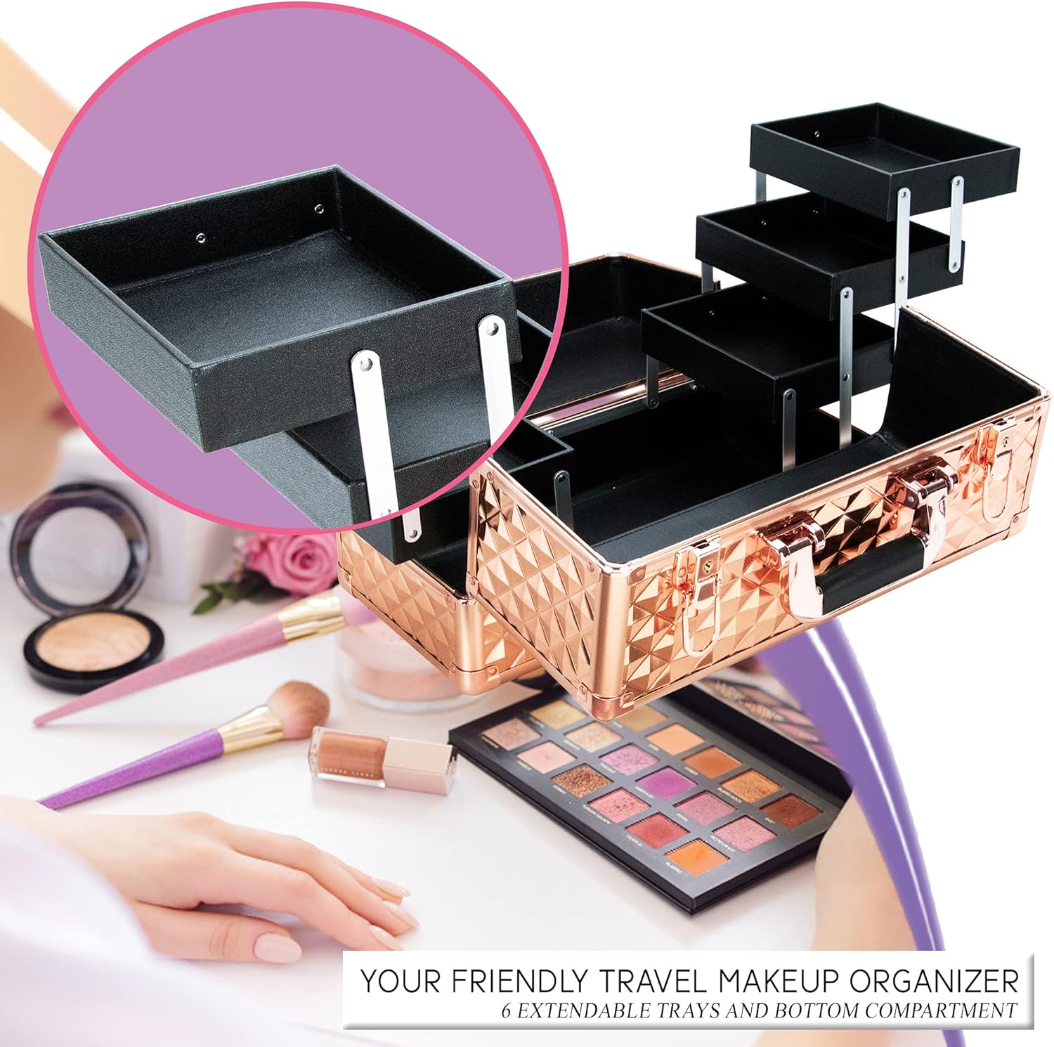 Ver Beauty Makeup Organizer, Cosmetic Travel Kit, Makeup Artist Supplies, 6-Tier Lockable Storage Box, Makeup Train Case, Aluminium Case, Lightweight & Portable Beauty Vanity (Rose Gold Glitter)