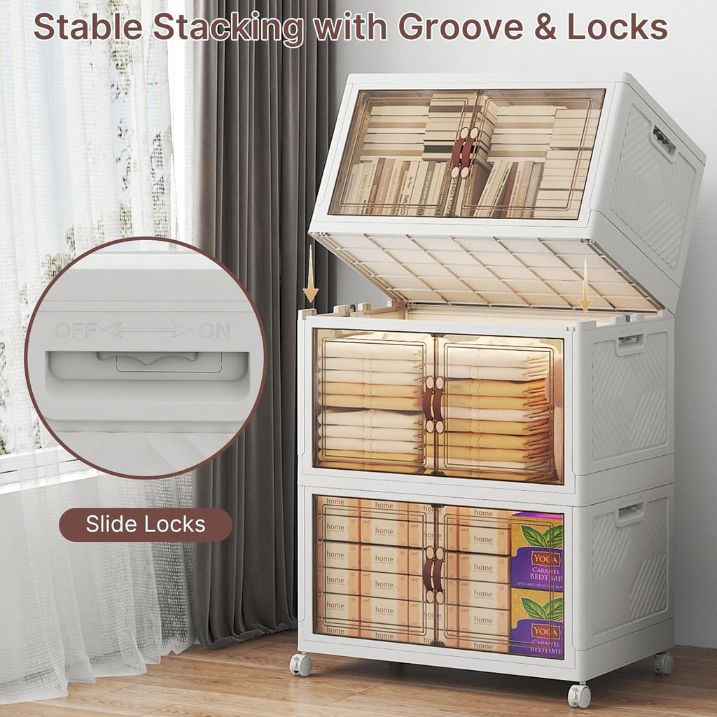 720Qt Stackable Storage Bins with Lids, 6 Pack Large Collapsible Bins with Wheels, Plastic Cabinet with Doors, Foldable Closet Organizers and Storage for Home, Dorm, Office, White