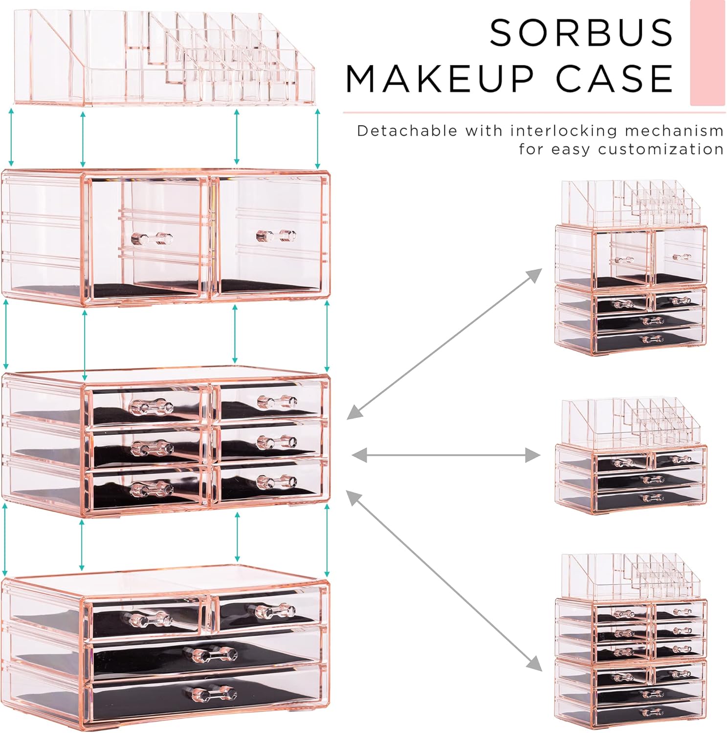Sorbus Large Makeup Organizer - Clear Stackable Jewelry & Makeup Organizer For Vanity, Bathroom Storage, Dresser - 12 Drawers Cosmetic Beauty Organizers and Storage with Lipstick, Makeup Brush Holder