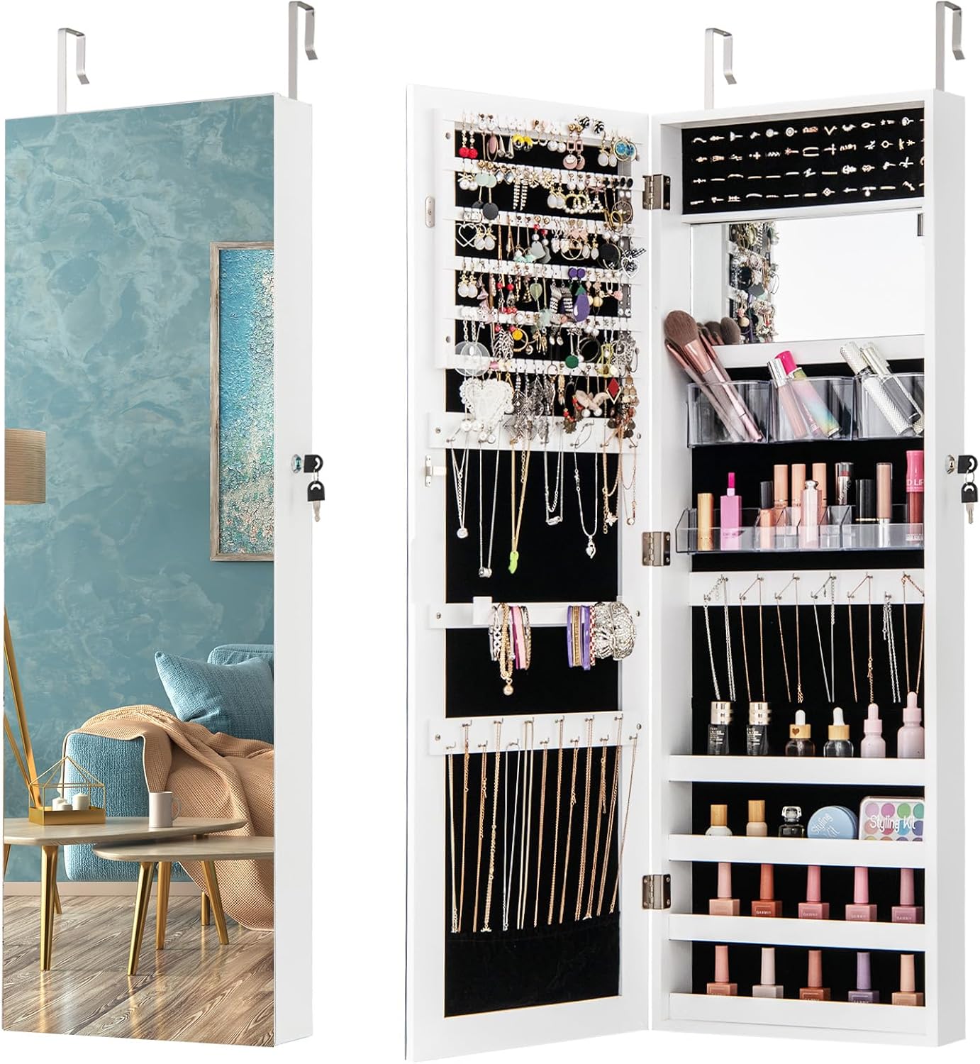 CHARMAID Jewelry Cabinet Wall or Door Mounted, Hanging Lockable Jewelry Armoire Storage with Full Length Mirror, Interior Makeup Mirror, Over the Door Jewelry Organizer Box with Mirror (White)